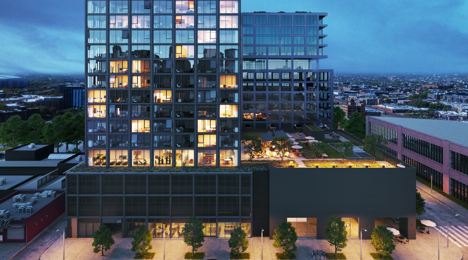 Exterior of Stead 220 at dusk